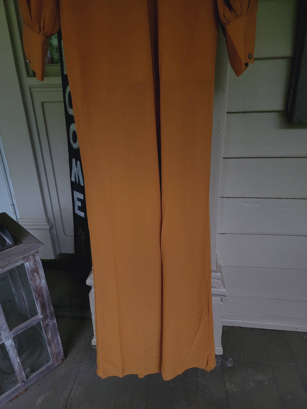 Nasty Gal Split Decision Plunging Mustard Color Poly Crepe Jumpsuit Open Sleeve - Picture 8 of 16